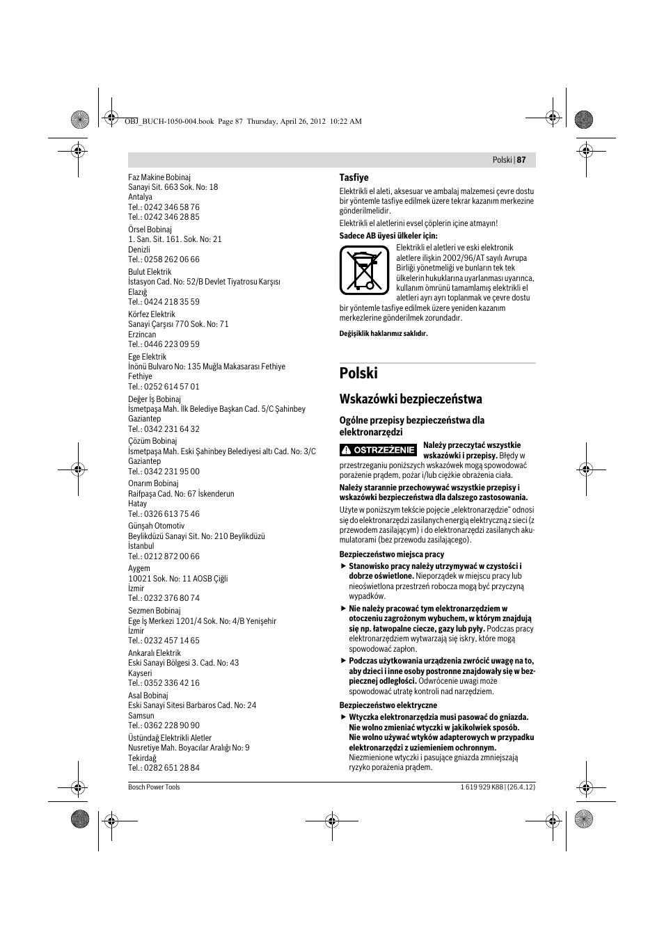 Polski, Wskazówki bezpieczeństwa | Bosch GGS 6 S Professional User Manual | Page 87 / 190