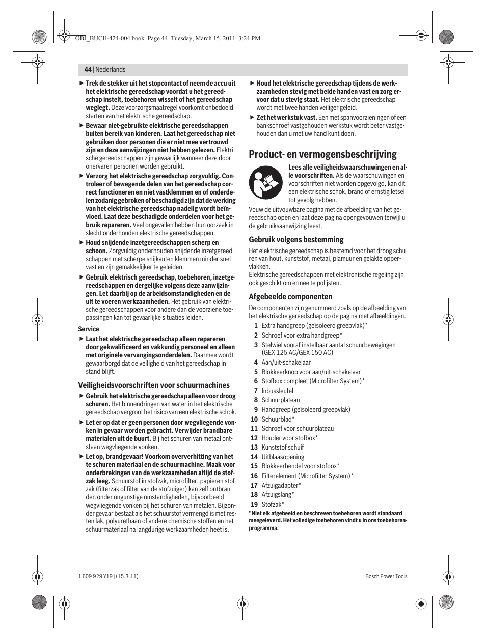 Product- en vermogensbeschrijving | Bosch GEX 125 AC Professional User Manual | Page 44 / 179