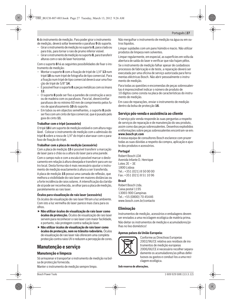 Manutenção e serviço | Bosch GPL 3 Professional User Manual | Page 27 / 158