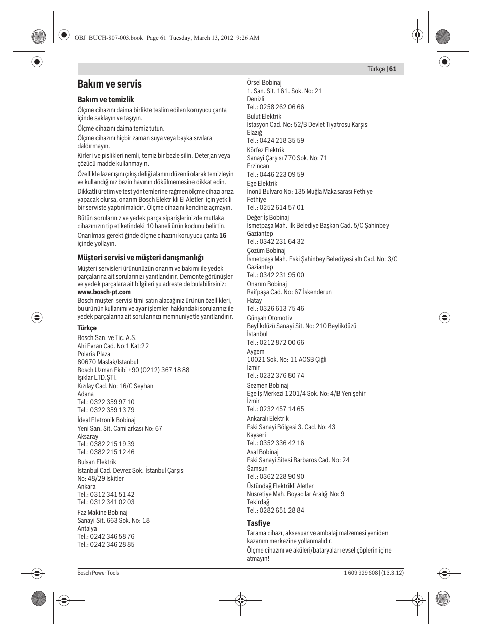 Bak m ve servis | Bosch GPL 3 Professional User Manual | Page 61 / 158