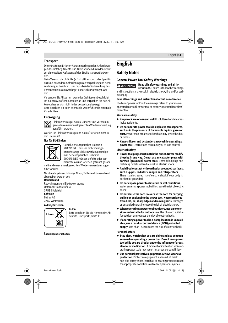 English | Bosch GSR 10,8-LI Professional User Manual | Page 11 / 167
