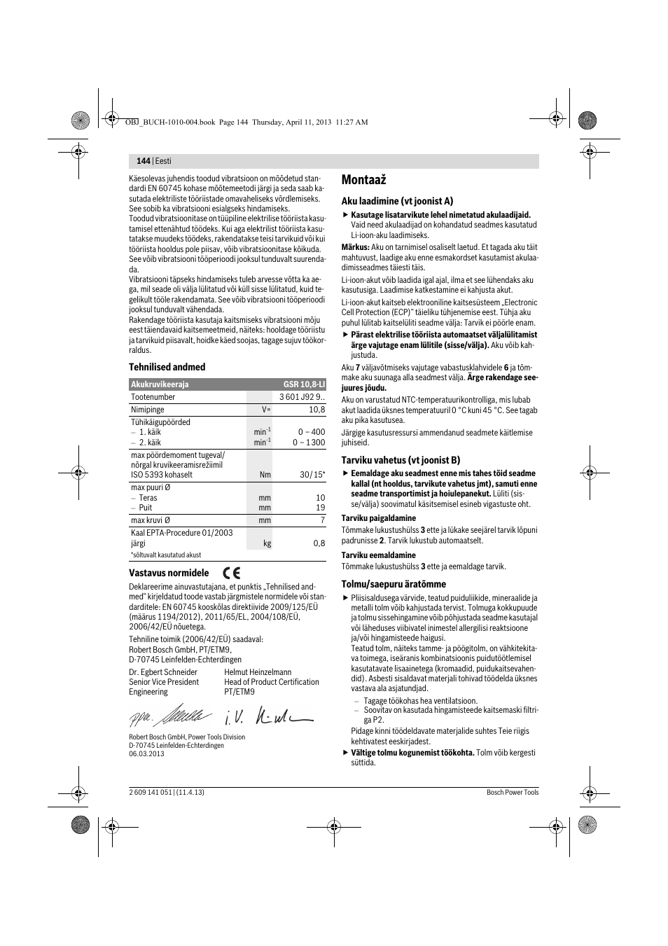 Montaaž | Bosch GSR 10,8-LI Professional User Manual | Page 144 / 167