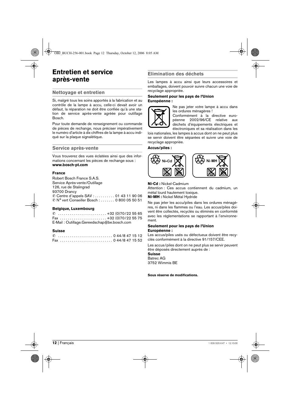 Entretien et service après-vente | Bosch GLI 14,4 V Professional User Manual | Page 12 / 86