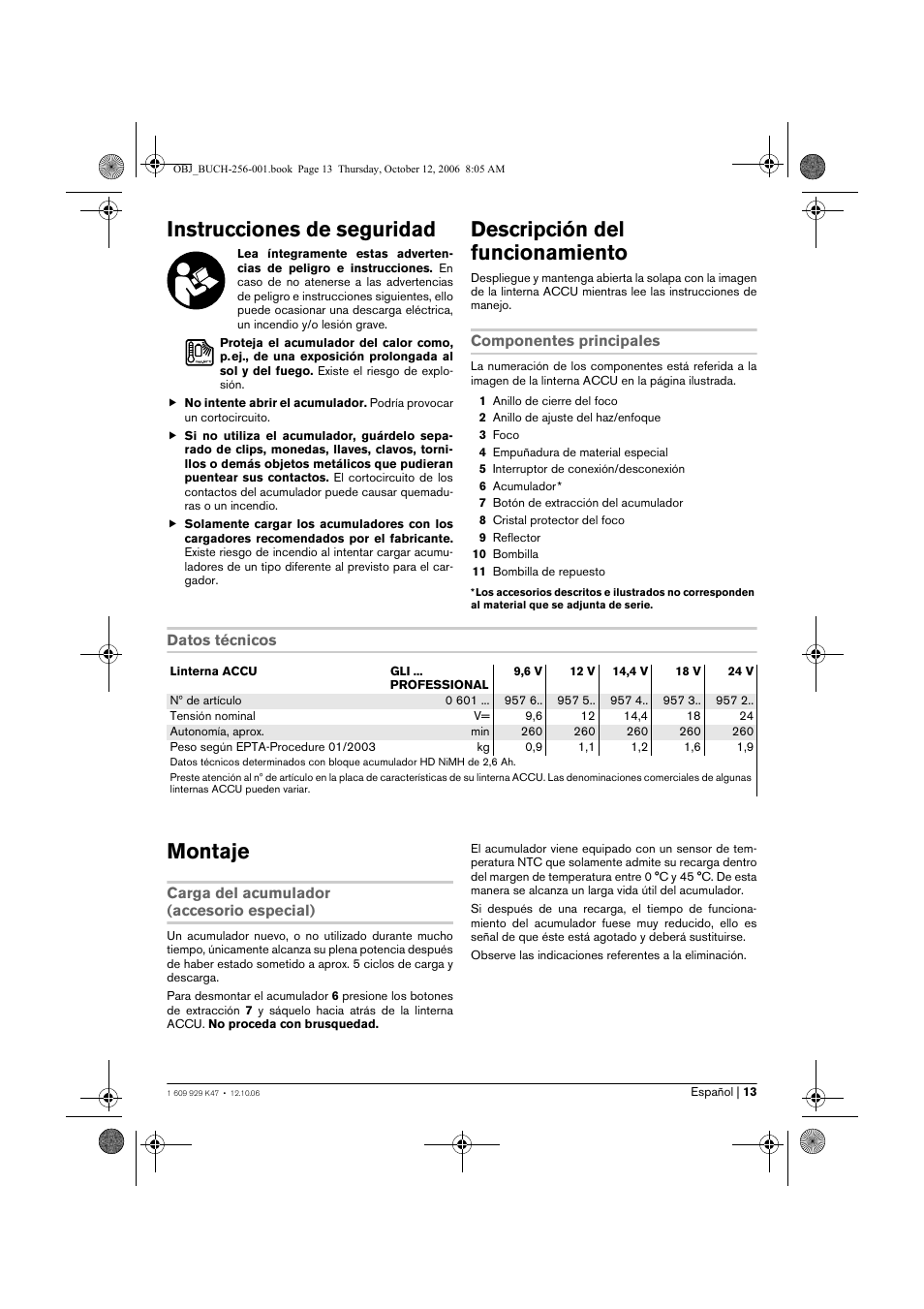 Instrucciones de seguridad, Descripción del funcionamiento, Montaje | Bosch GLI 14,4 V Professional User Manual | Page 13 / 86