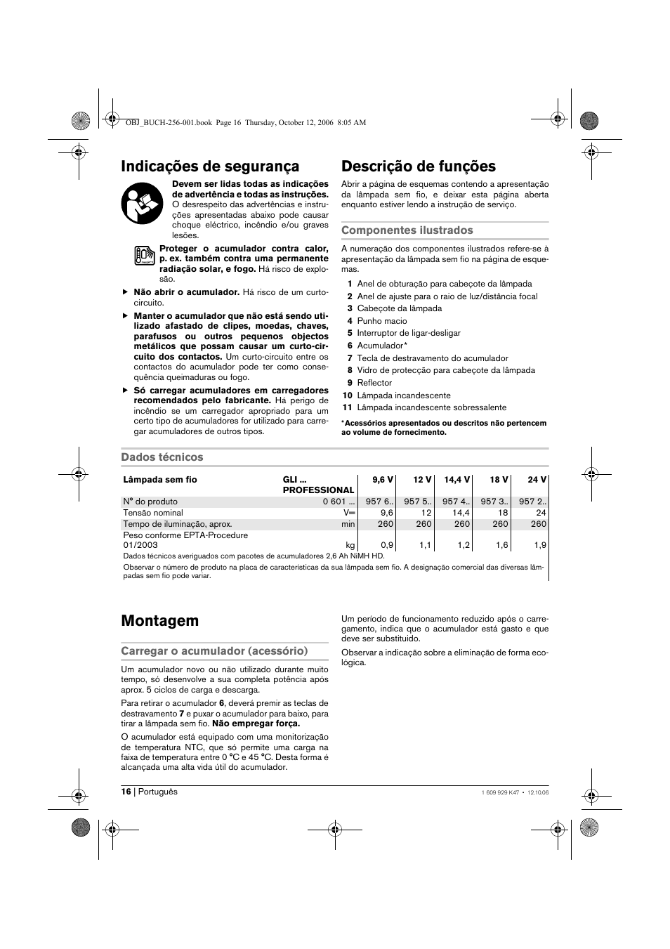 Indicações de segurança, Descrição de funções, Montagem | Bosch GLI 14,4 V Professional User Manual | Page 16 / 86