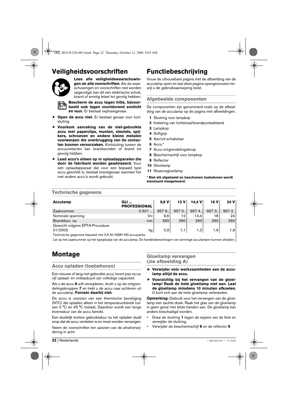 Veiligheidsvoorschriften, Functiebeschrijving, Montage | Bosch GLI 14,4 V Professional User Manual | Page 22 / 86