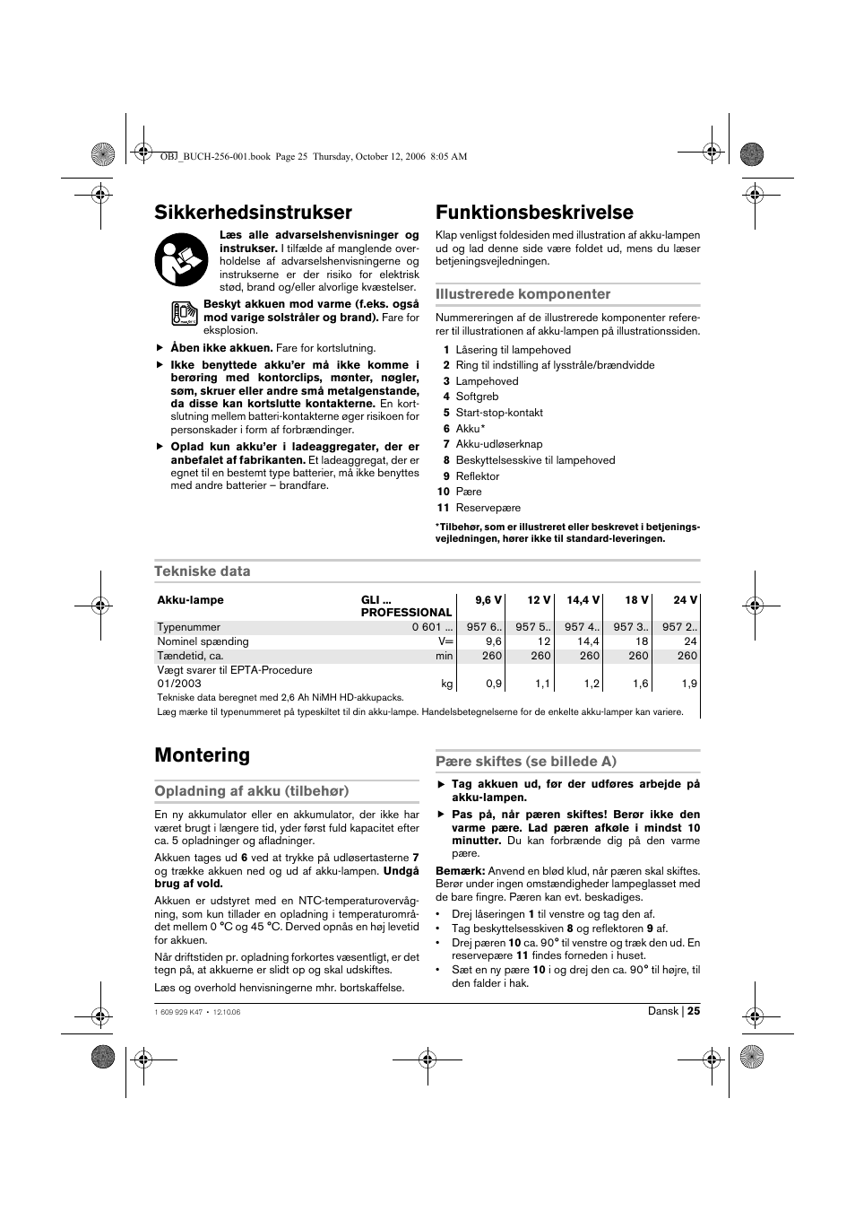 Sikkerhedsinstrukser, Funktionsbeskrivelse, Montering | Bosch GLI 14,4 V Professional User Manual | Page 25 / 86