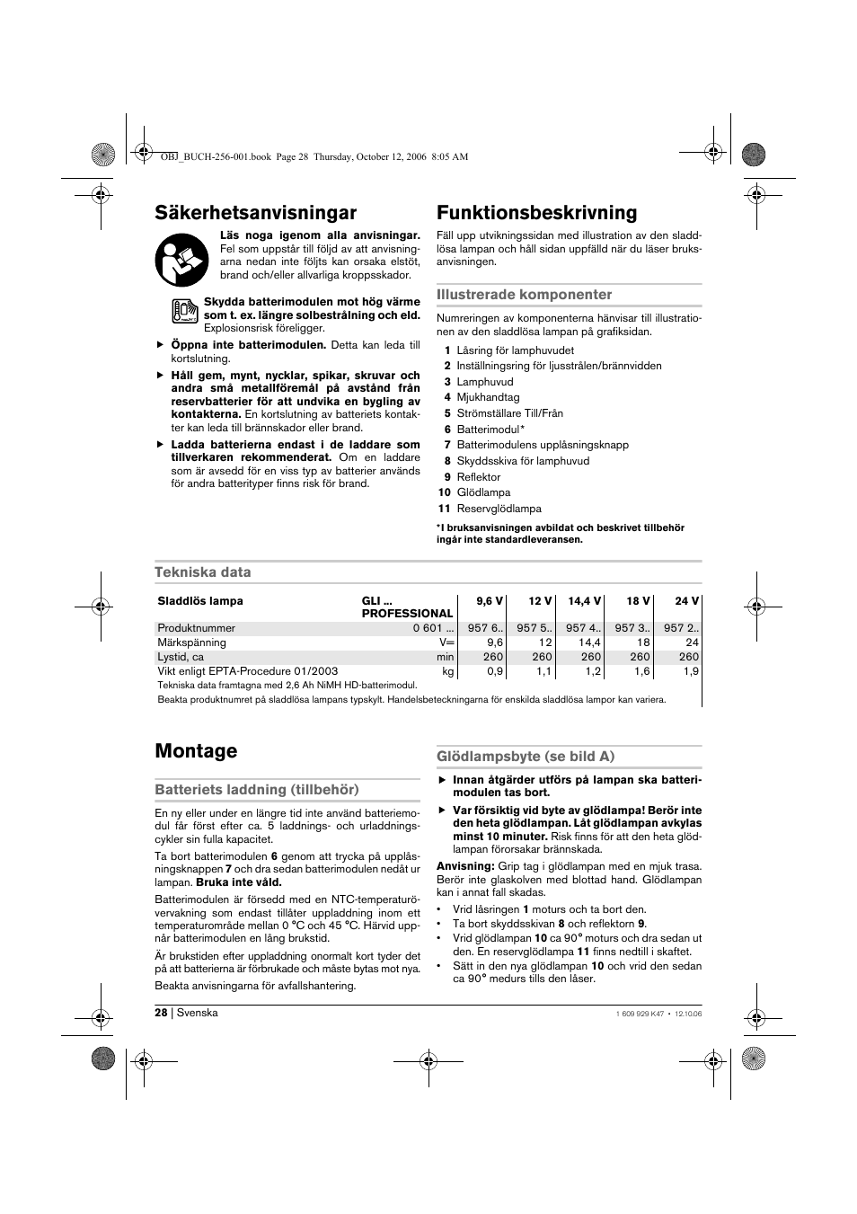 Säkerhetsanvisningar, Funktionsbeskrivning, Montage | Bosch GLI 14,4 V Professional User Manual | Page 28 / 86