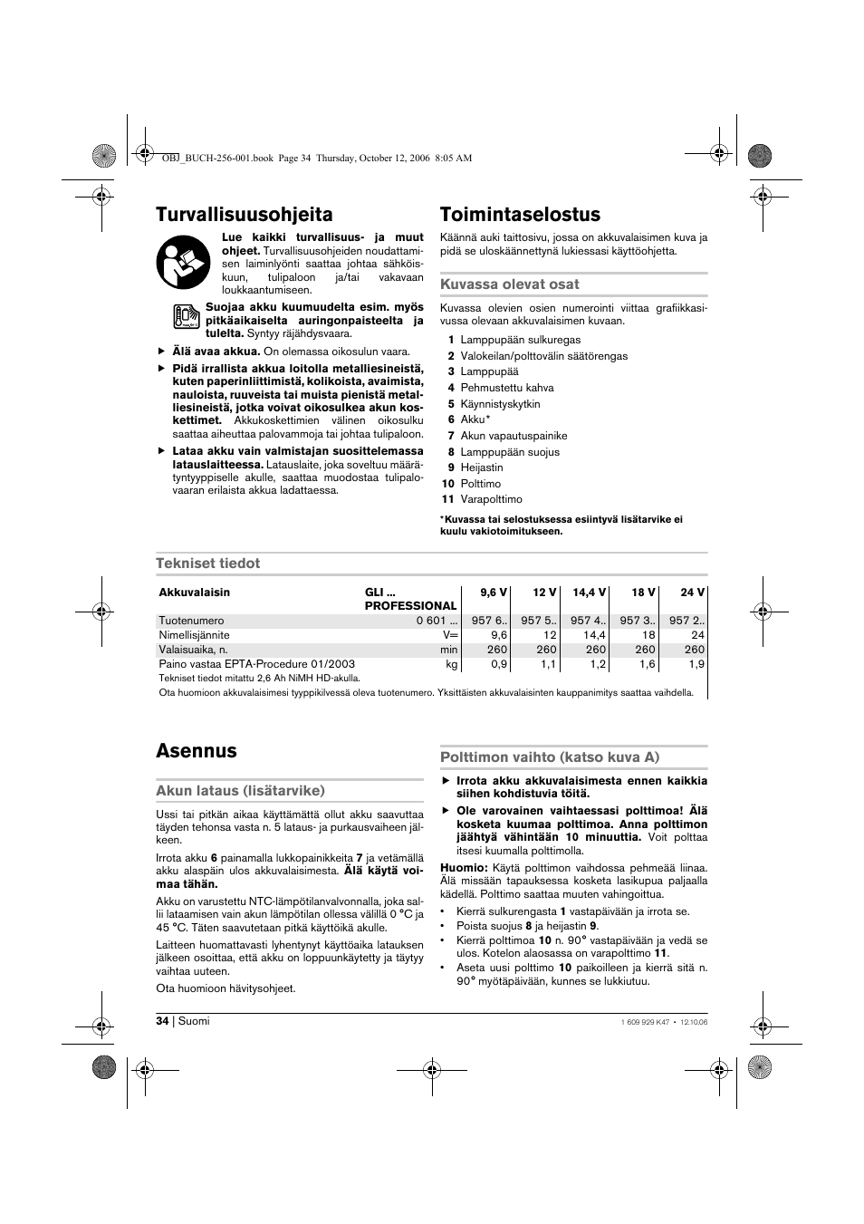 Turvallisuusohjeita, Toimintaselostus, Asennus | Bosch GLI 14,4 V Professional User Manual | Page 34 / 86
