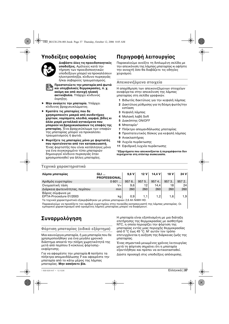 Υπ δεί εις ασφαλείας, Περιγραφή λειτ υργίας, Συναρµ λ γηση | Bosch GLI 14,4 V Professional User Manual | Page 37 / 86