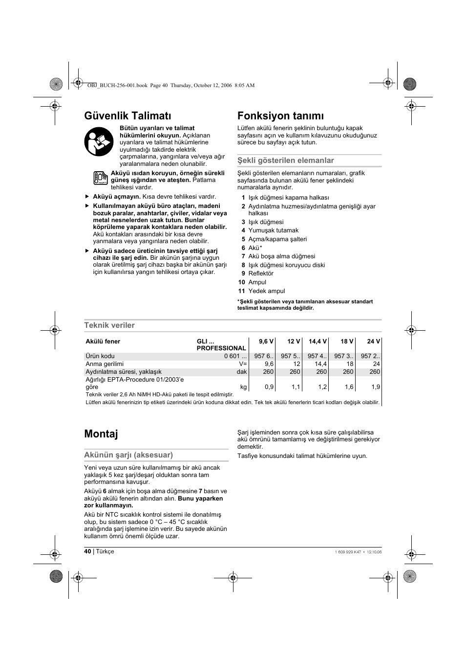 Güvenlik talimatı, Fonksiyon tanımı, Montaj | Bosch GLI 14,4 V Professional User Manual | Page 40 / 86