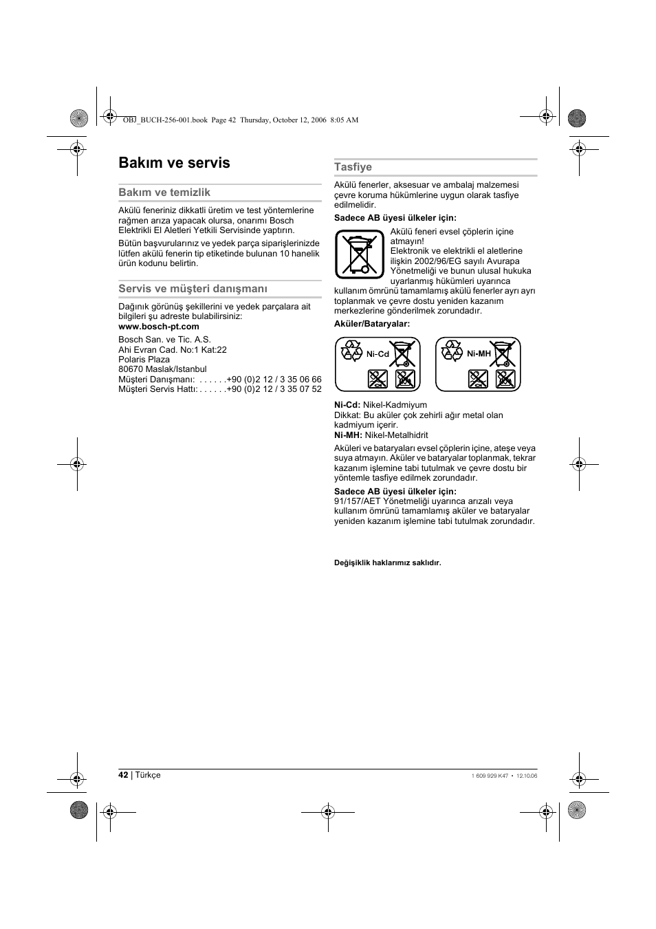 Bakım ve servis | Bosch GLI 14,4 V Professional User Manual | Page 42 / 86