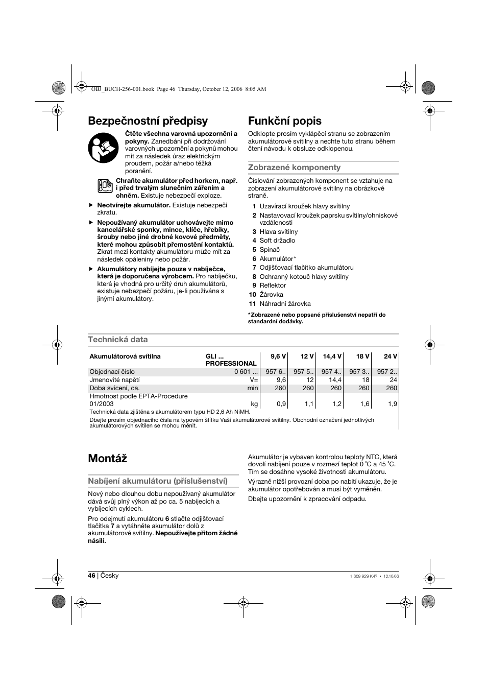 Bezpečnostní předpisy, Funkční popis, Montáž | Bosch GLI 14,4 V Professional User Manual | Page 46 / 86