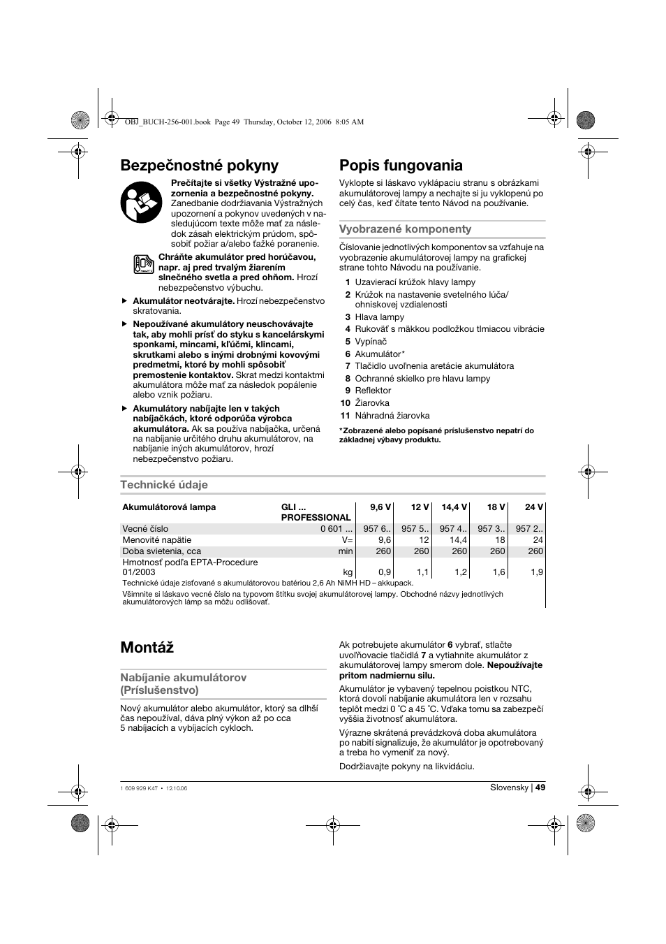 Bezpečnostné pokyny, Popis fungovania, Montáž | Bosch GLI 14,4 V Professional User Manual | Page 49 / 86