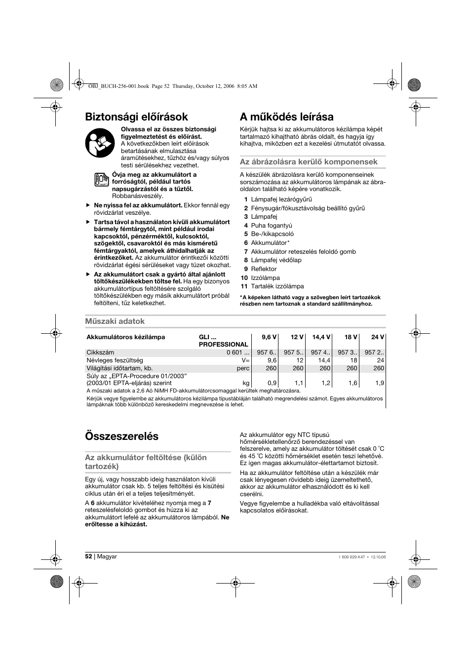 Biztonsági előírások, A működés leírása, Összeszerelés | Bosch GLI 14,4 V Professional User Manual | Page 52 / 86