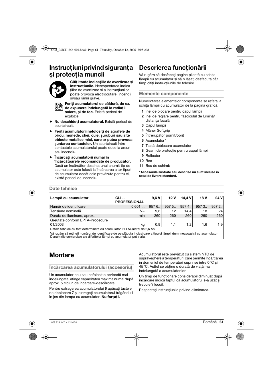 Instrucţiuni privind siguranţa și protecţia muncii, Descrierea funcţionării, Montare | Bosch GLI 14,4 V Professional User Manual | Page 61 / 86