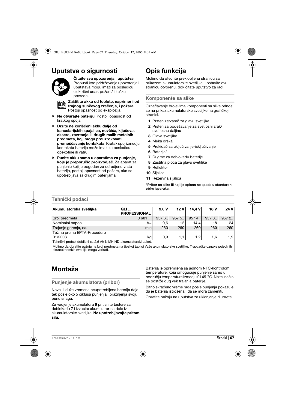 Uputstva o sigurnosti, Opis funkcija, Montaža | Bosch GLI 14,4 V Professional User Manual | Page 67 / 86