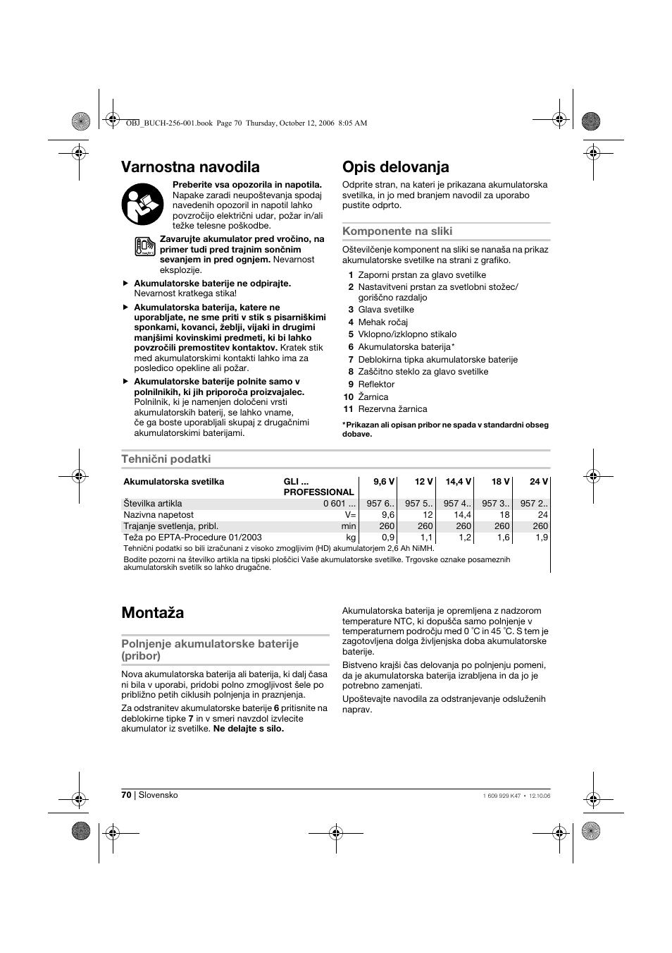 Varnostna navodila, Opis delovanja, Montaža | Bosch GLI 14,4 V Professional User Manual | Page 70 / 86