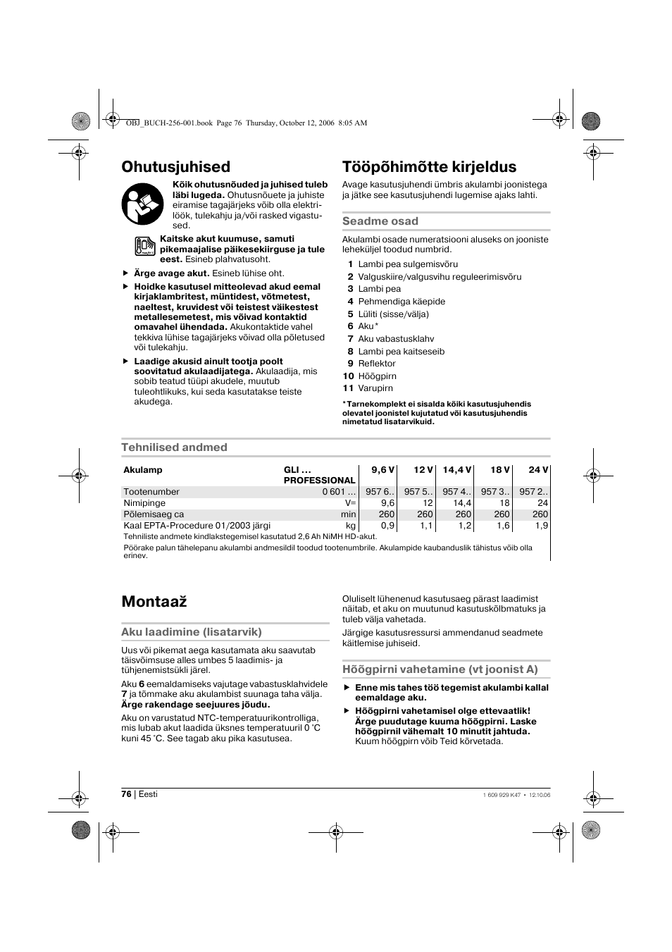 Ohutusjuhised, Tööpõhimõtte kirjeldus, Montaaž | Bosch GLI 14,4 V Professional User Manual | Page 76 / 86