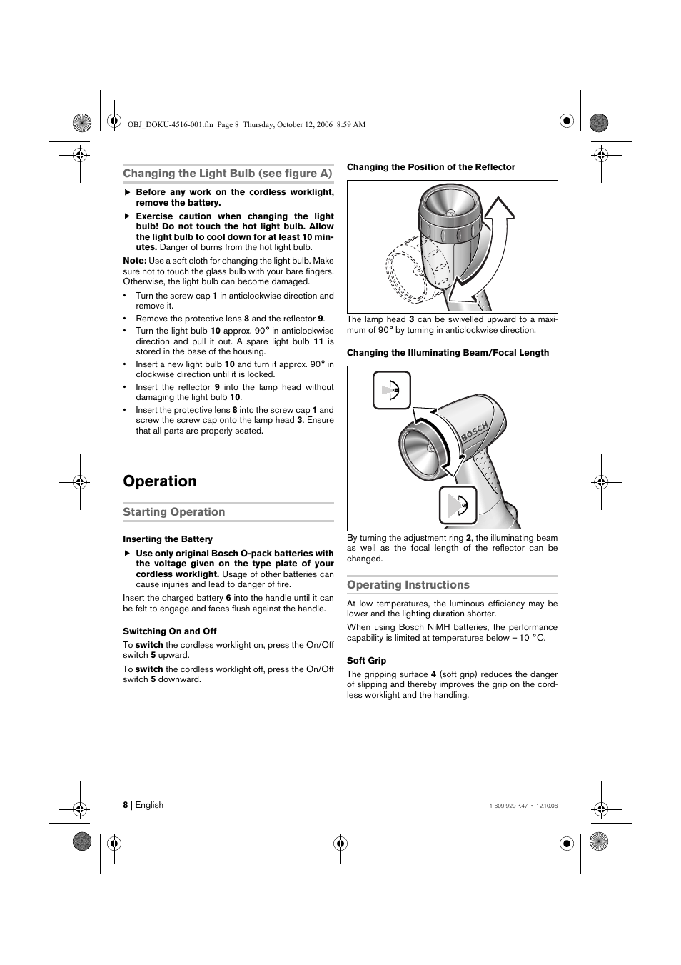 Operation | Bosch GLI 14,4 V Professional User Manual | Page 8 / 86
