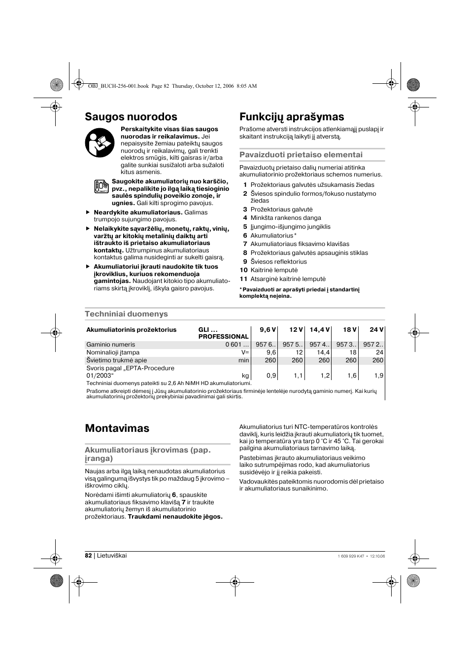 Saugos nuorodos, Funkcijų aprašymas, Montavimas | Bosch GLI 14,4 V Professional User Manual | Page 82 / 86