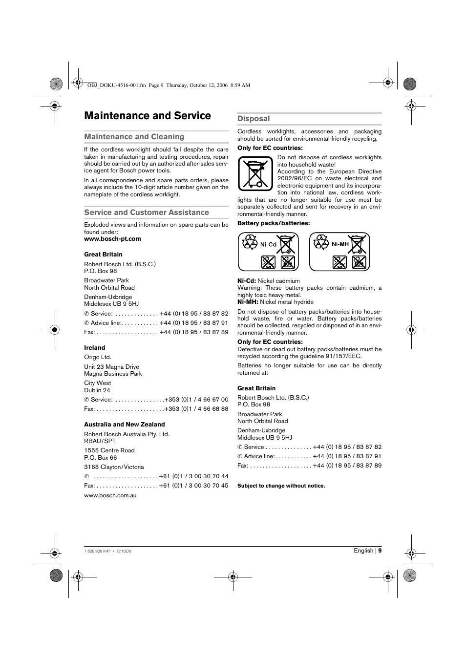 Maintenance and service | Bosch GLI 14,4 V Professional User Manual | Page 9 / 86