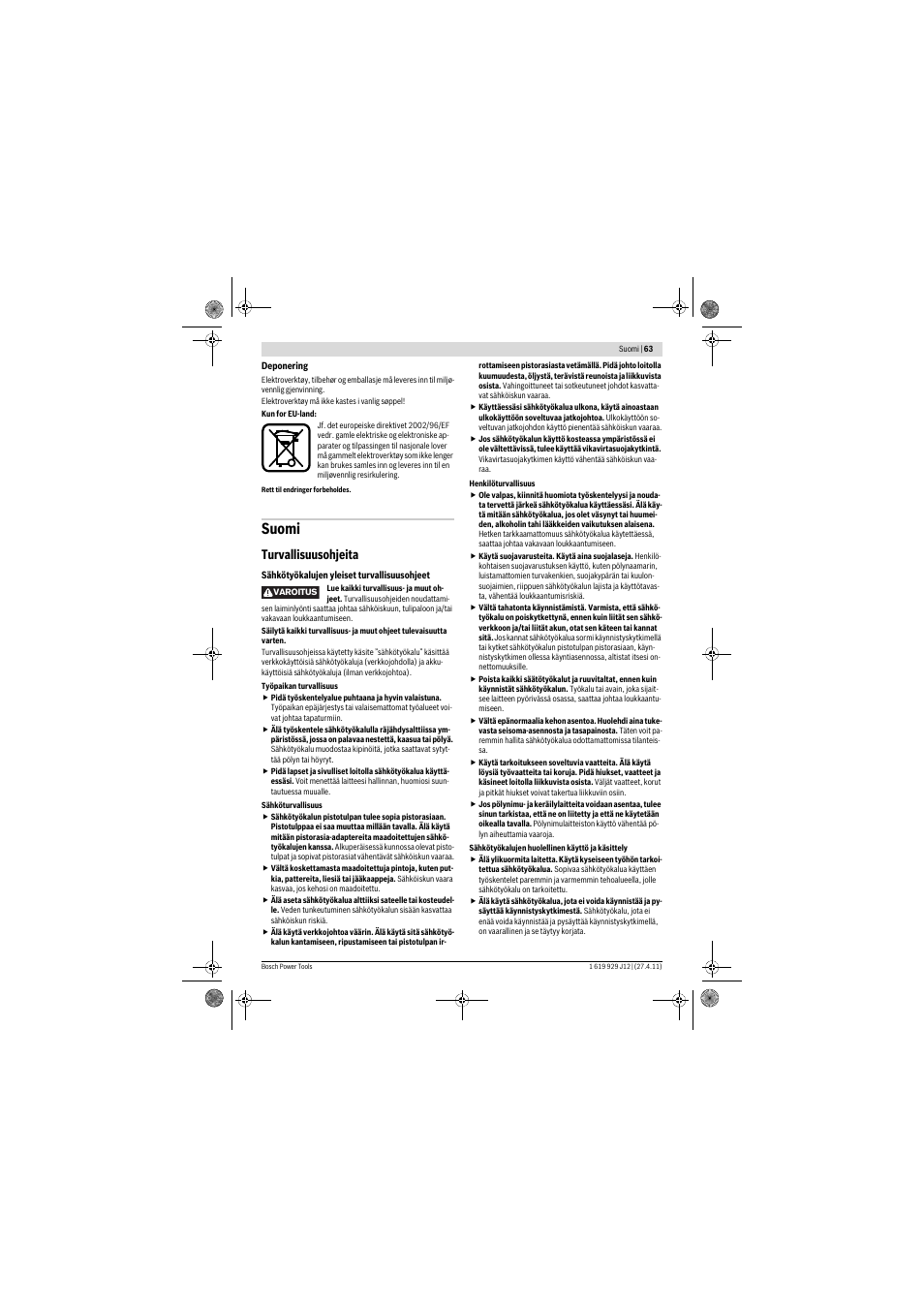 Suomi, Turvallisuusohjeita | Bosch GSB 19-2 RE Professional User Manual | Page 63 / 172