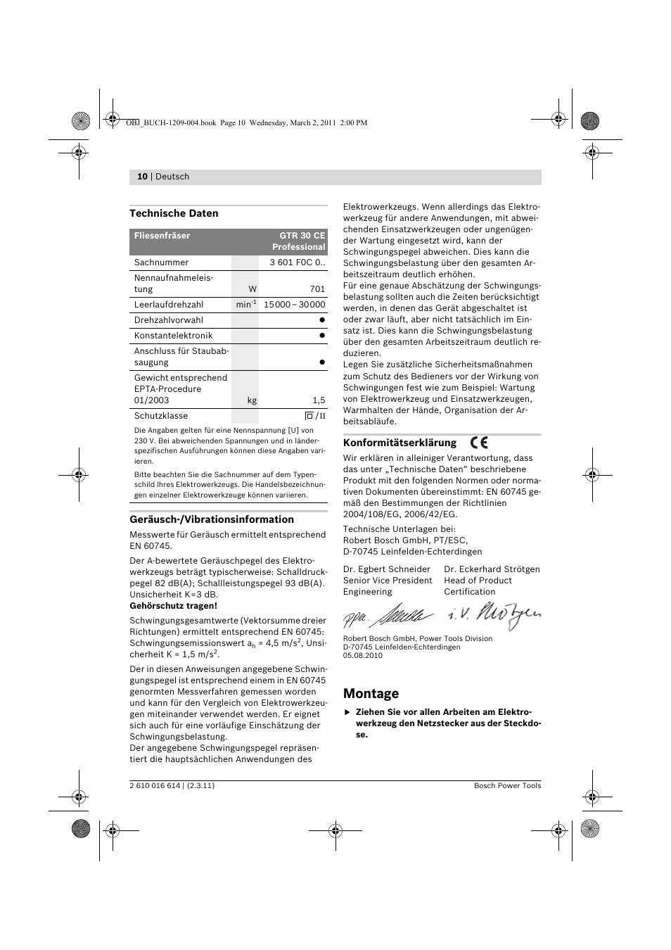 Montage | Bosch GTR 30 CE Professional User Manual | Page 10 / 256