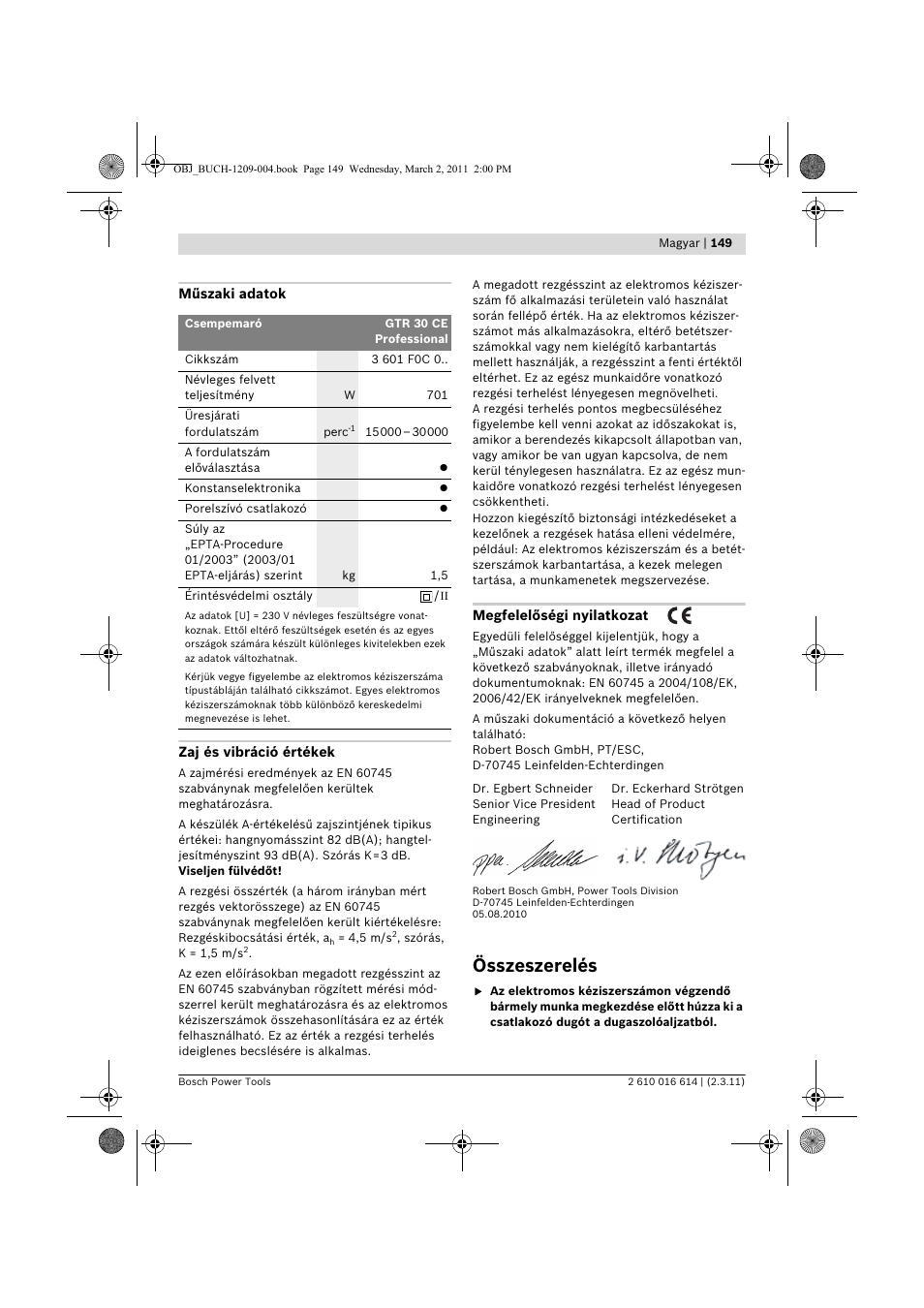 Összeszerelés | Bosch GTR 30 CE Professional User Manual | Page 149 / 256