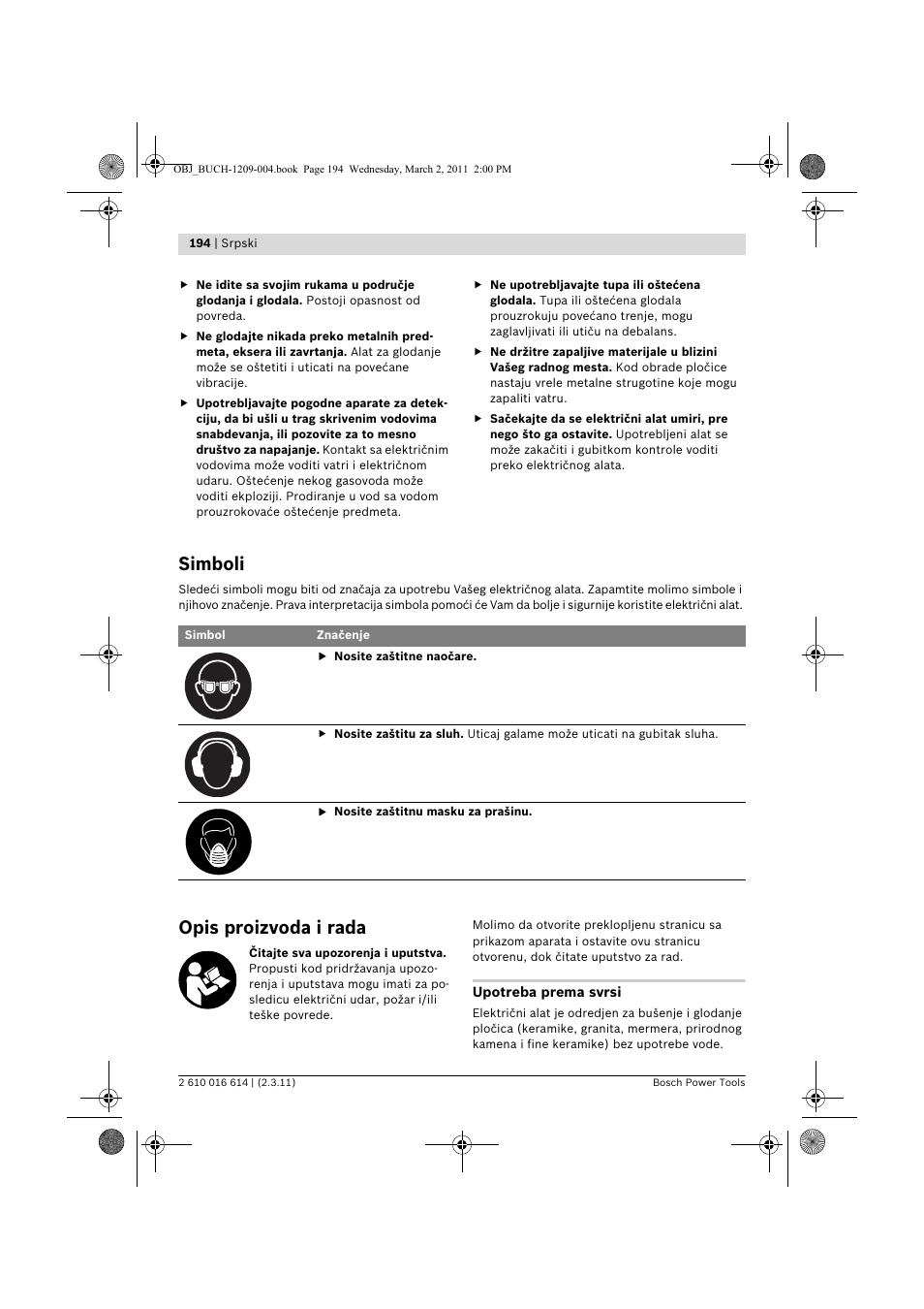 Simboli, Opis proizvoda i rada | Bosch GTR 30 CE Professional User Manual | Page 194 / 256