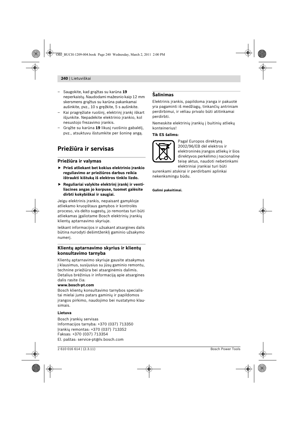 Priežiūra ir servisas | Bosch GTR 30 CE Professional User Manual | Page 240 / 256