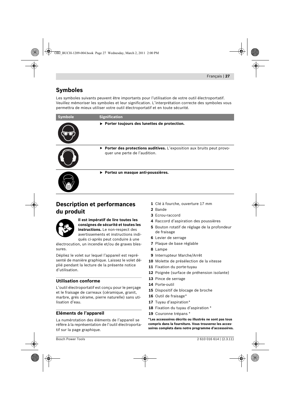 Symboles, Description et performances du produit | Bosch GTR 30 CE Professional User Manual | Page 27 / 256