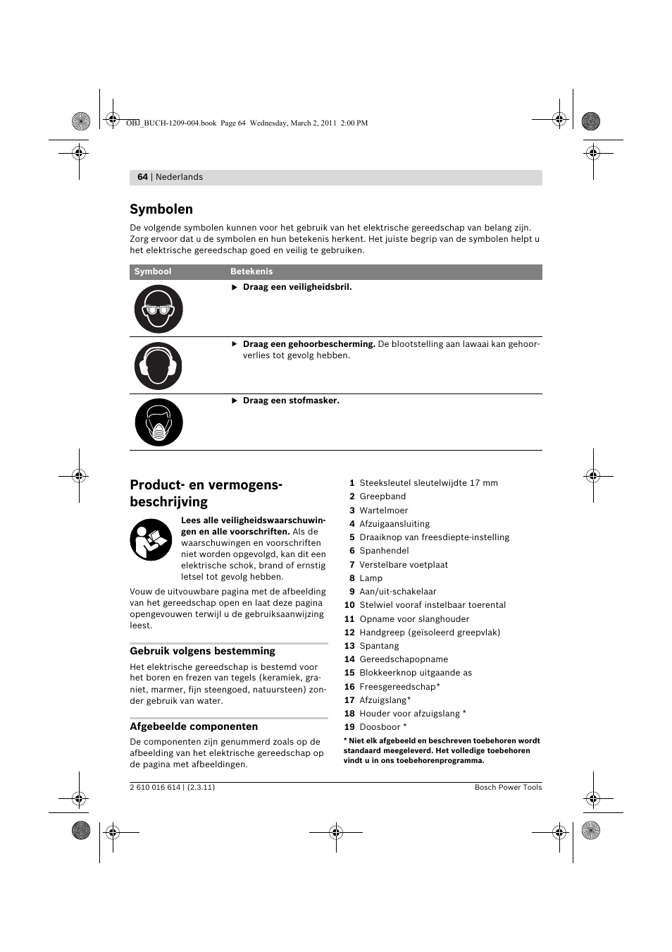 Symbolen, Product- en vermogens- beschrijving | Bosch GTR 30 CE Professional User Manual | Page 64 / 256