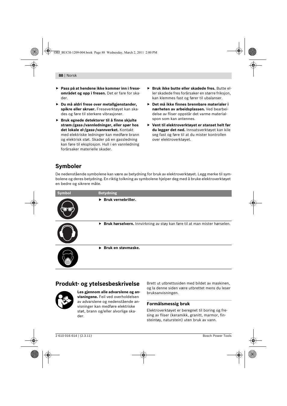 Symboler, Produkt- og ytelsesbeskrivelse | Bosch GTR 30 CE Professional User Manual | Page 88 / 256
