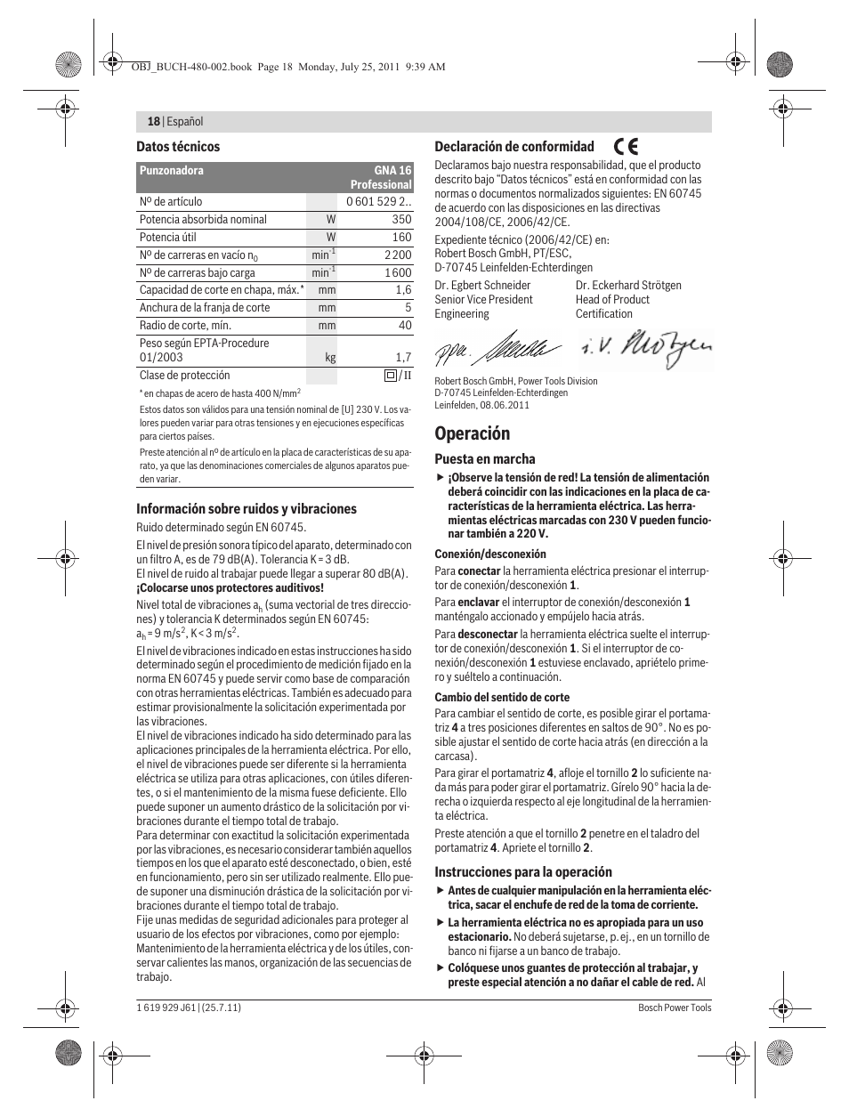 Operación | Bosch GNA 16 (SDS) Professional User Manual | Page 18 / 112