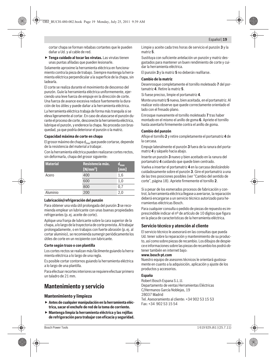 Mantenimiento y servicio | Bosch GNA 16 (SDS) Professional User Manual | Page 19 / 112