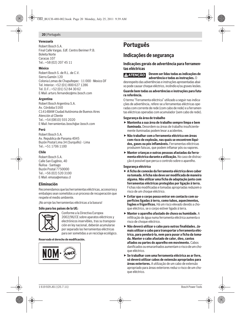 Português, Indicações de segurança | Bosch GNA 16 (SDS) Professional User Manual | Page 20 / 112