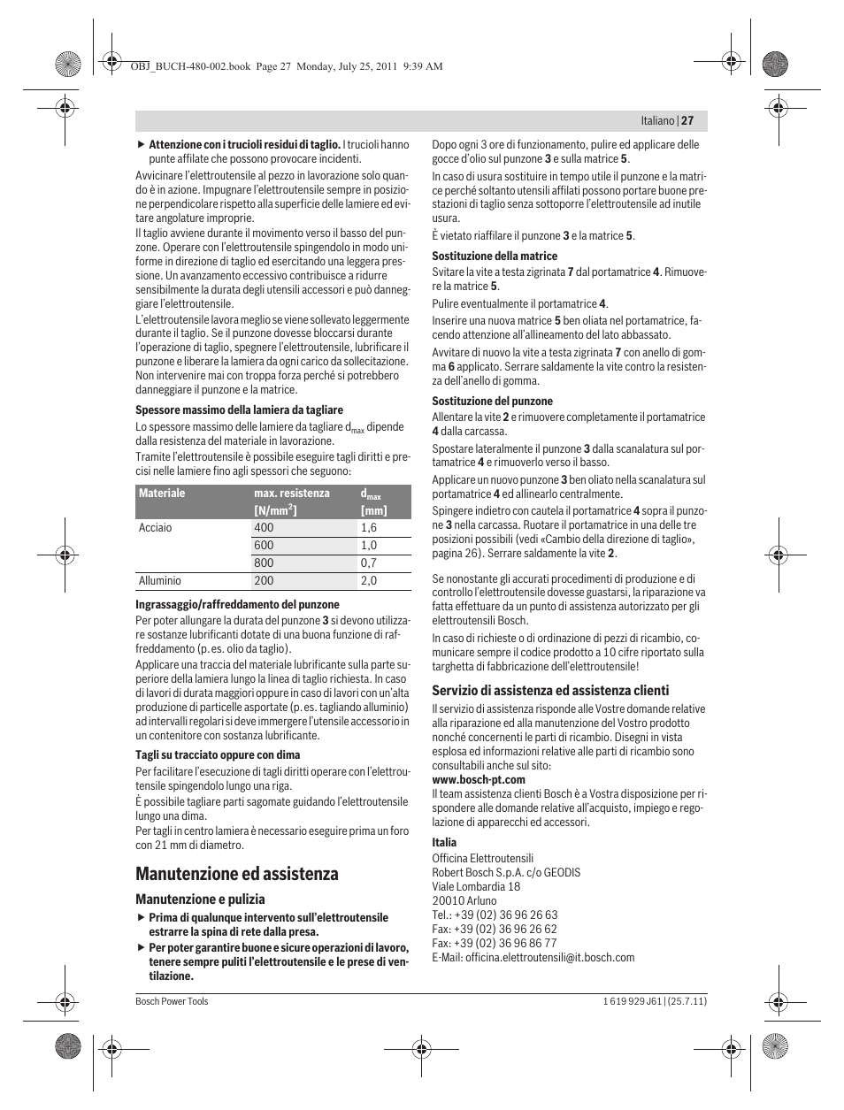 Manutenzione ed assistenza | Bosch GNA 16 (SDS) Professional User Manual | Page 27 / 112