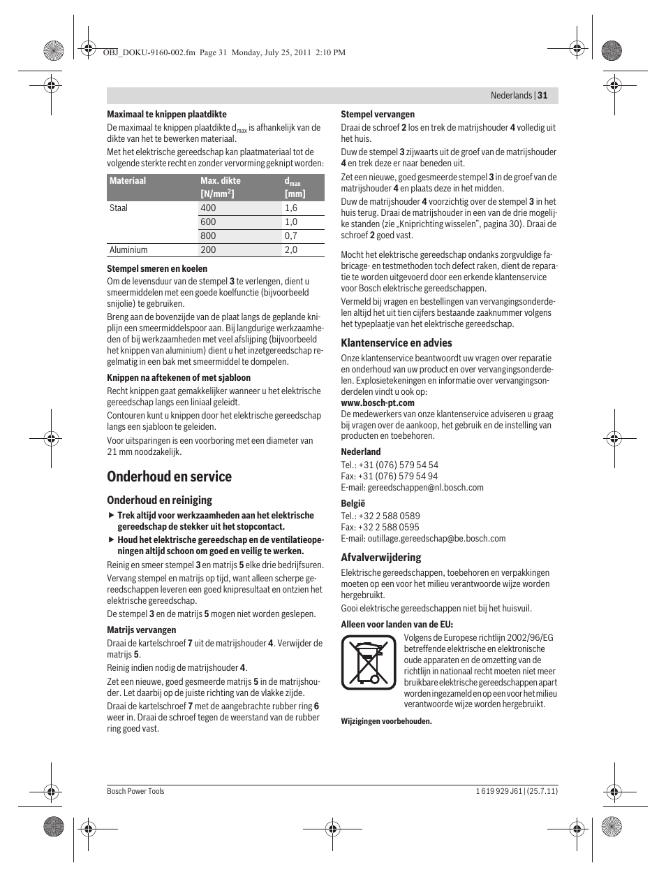 Onderhoud en service | Bosch GNA 16 (SDS) Professional User Manual | Page 31 / 112