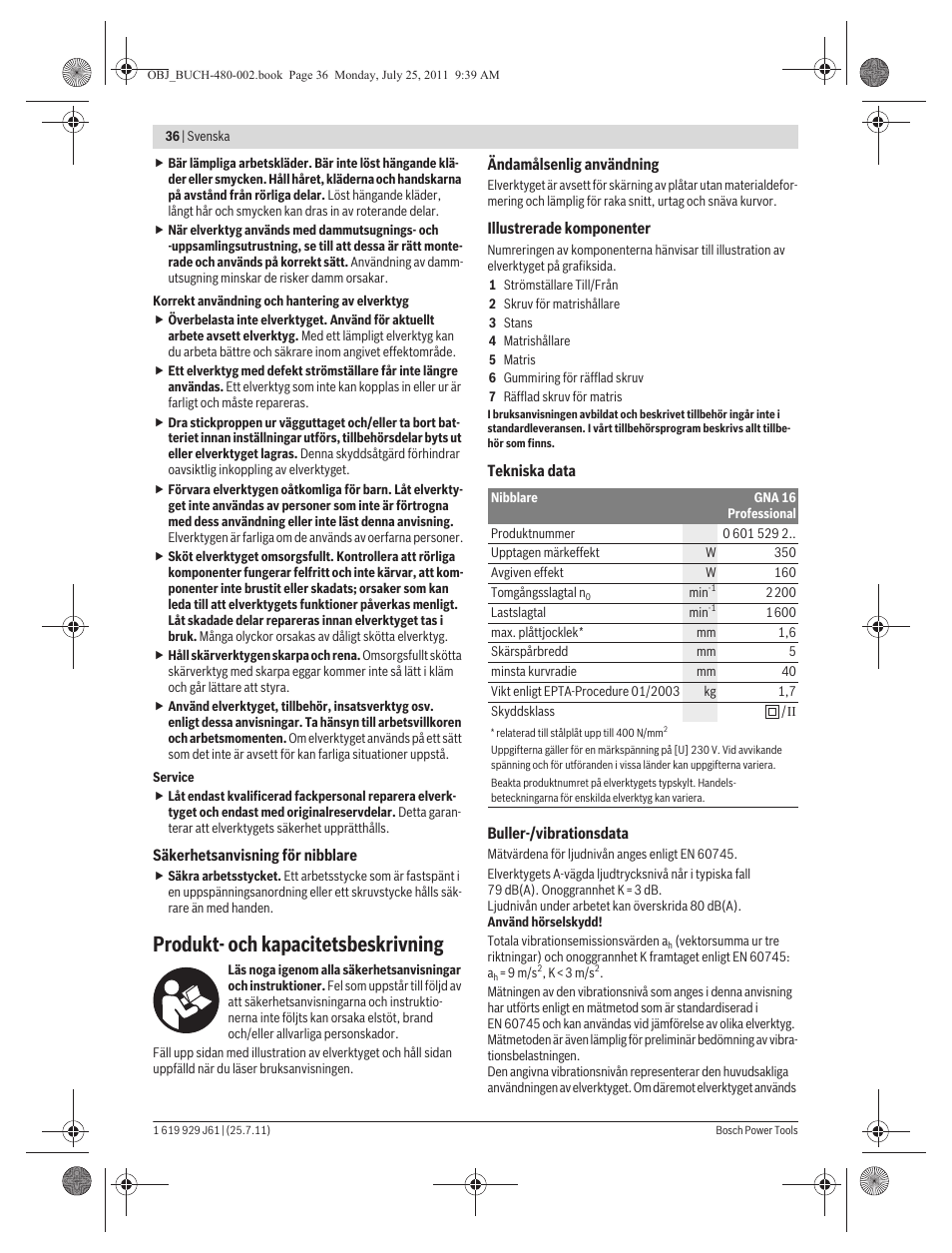 Produkt- och kapacitetsbeskrivning | Bosch GNA 16 (SDS) Professional User Manual | Page 36 / 112