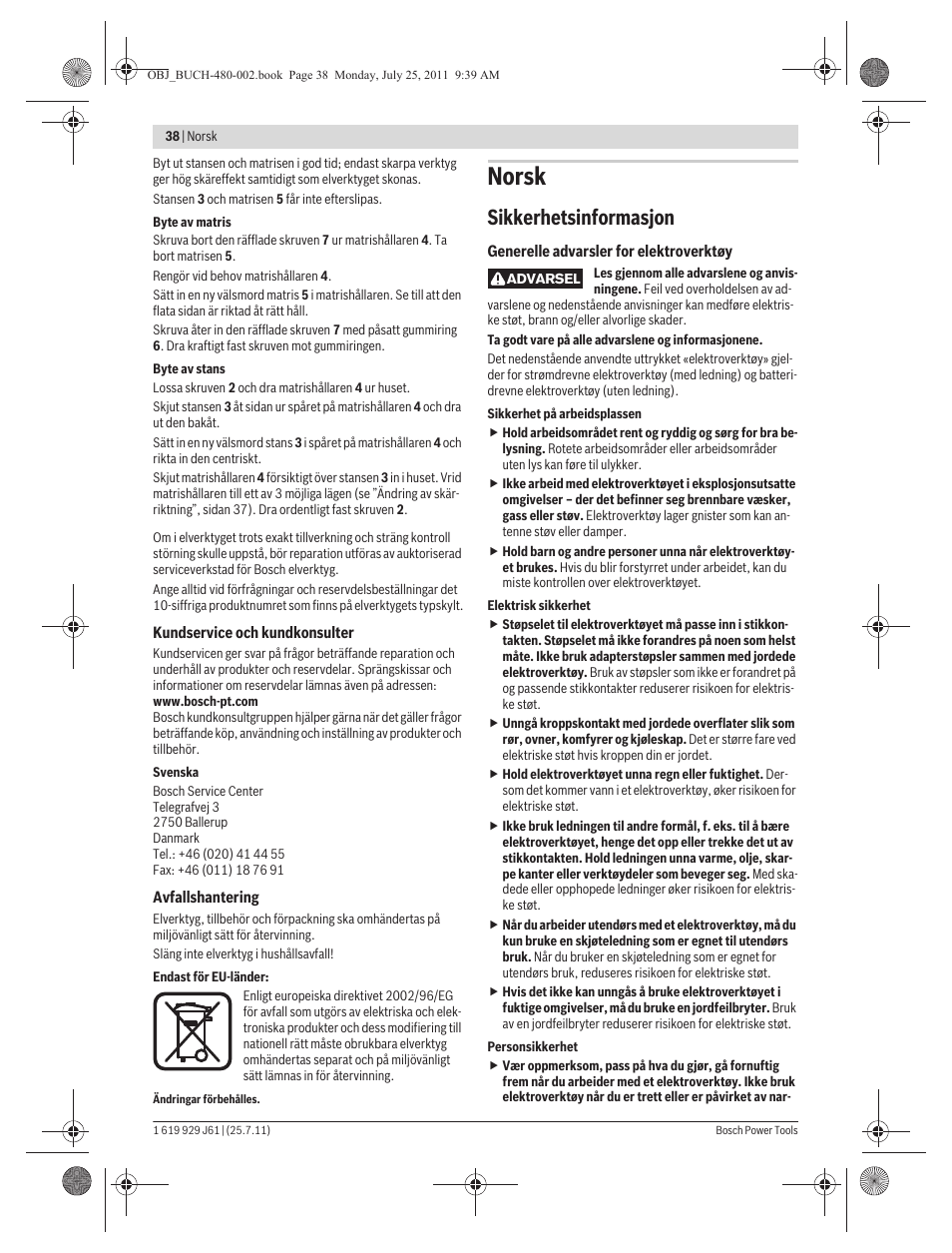 Norsk, Sikkerhetsinformasjon | Bosch GNA 16 (SDS) Professional User Manual | Page 38 / 112