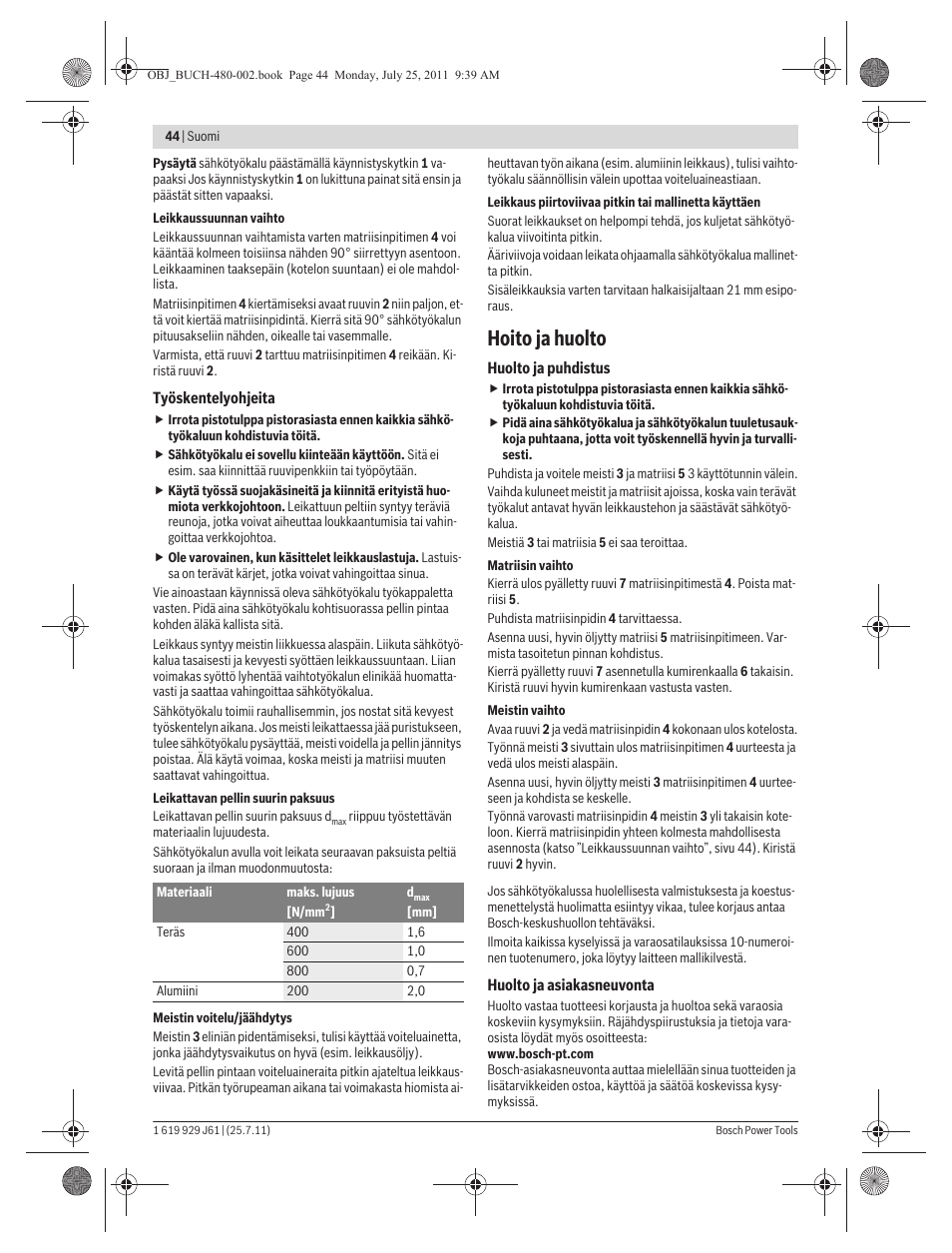 Hoito ja huolto | Bosch GNA 16 (SDS) Professional User Manual | Page 44 / 112