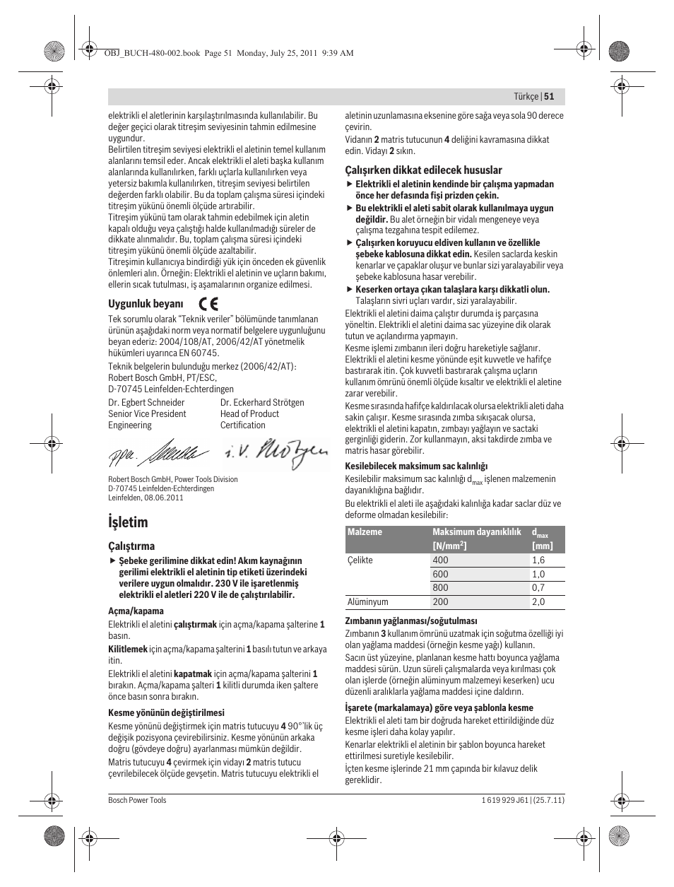 Işletim | Bosch GNA 16 (SDS) Professional User Manual | Page 51 / 112