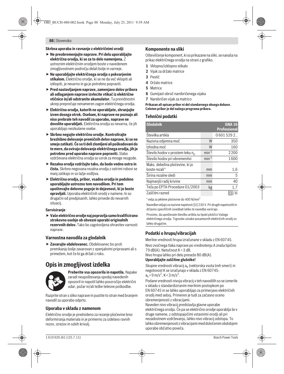 Opis in zmogljivost izdelka | Bosch GNA 16 (SDS) Professional User Manual | Page 88 / 112