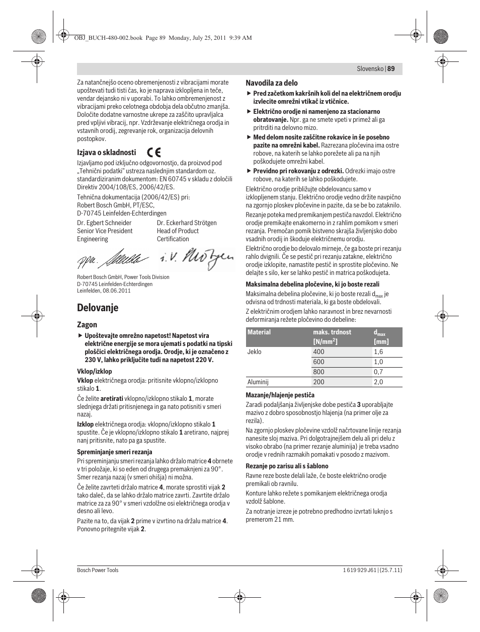 Delovanje | Bosch GNA 16 (SDS) Professional User Manual | Page 89 / 112