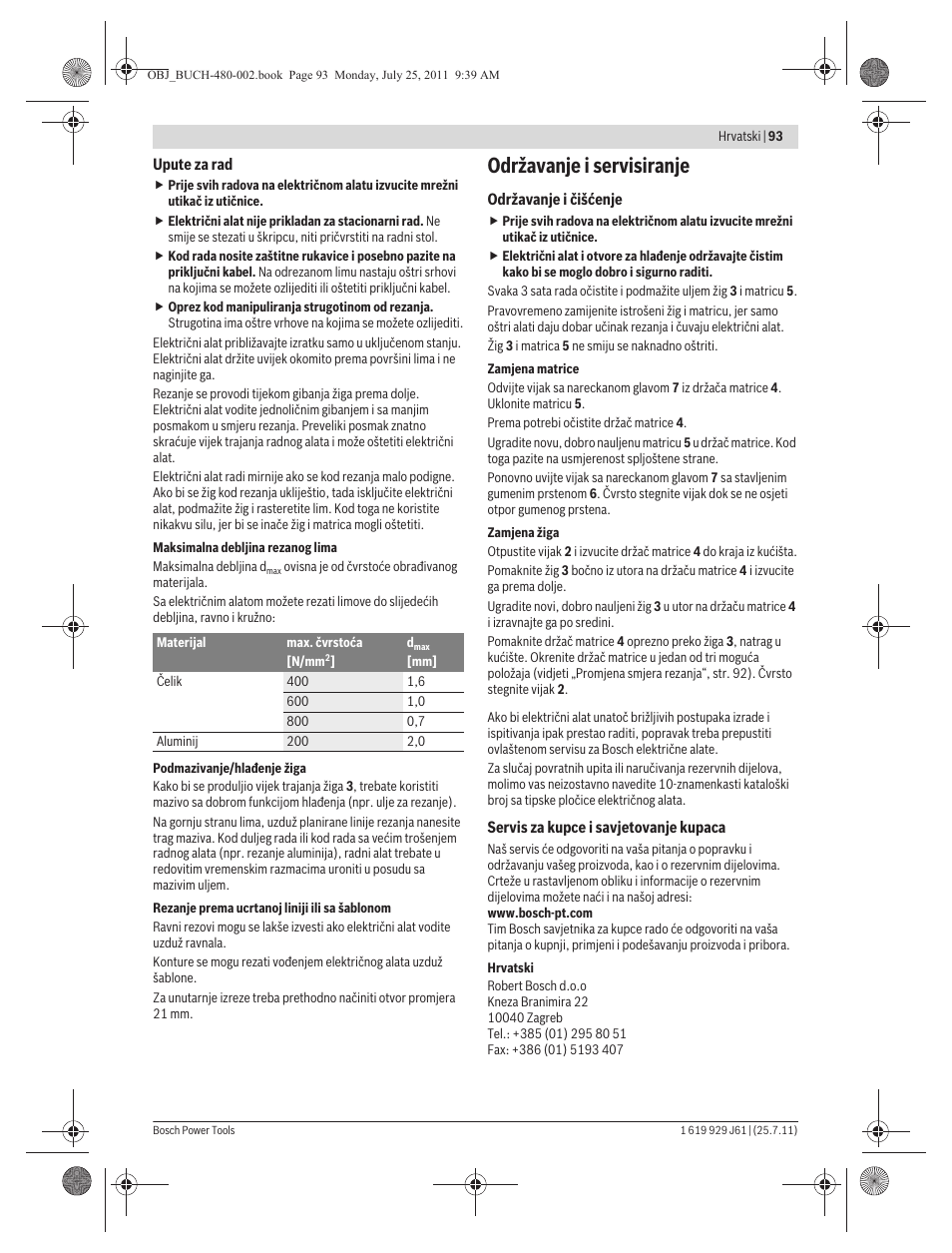 Održavanje i servisiranje | Bosch GNA 16 (SDS) Professional User Manual | Page 93 / 112