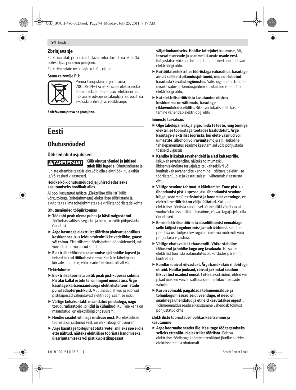 Eesti, Ohutusnõuded | Bosch GNA 16 (SDS) Professional User Manual | Page 94 / 112