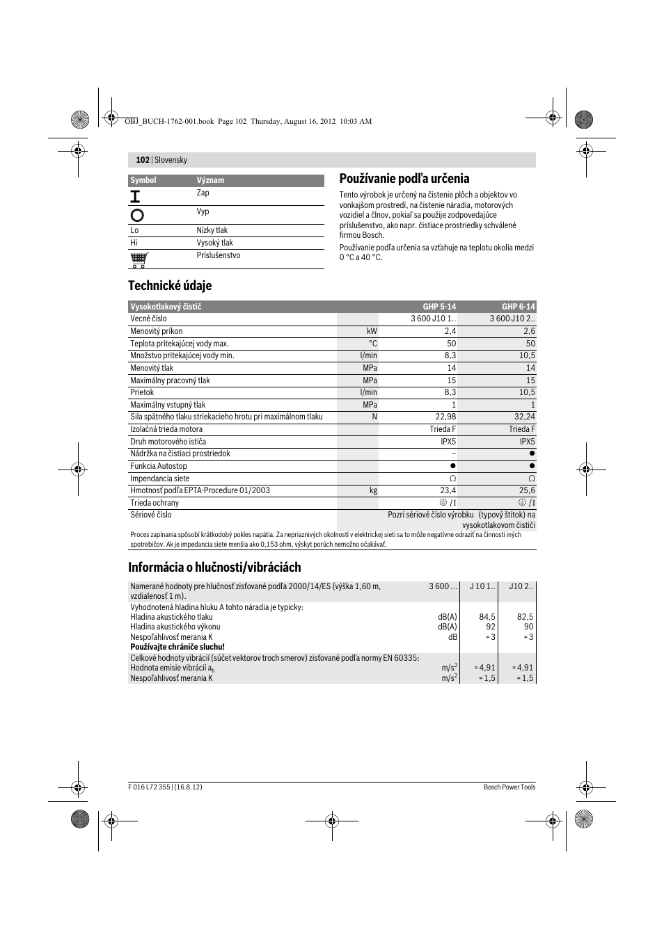 Používanie podľa určenia, Technické údaje informácia o hlučnosti/vibráciách | Bosch GHP 5-14 User Manual | Page 102 / 198