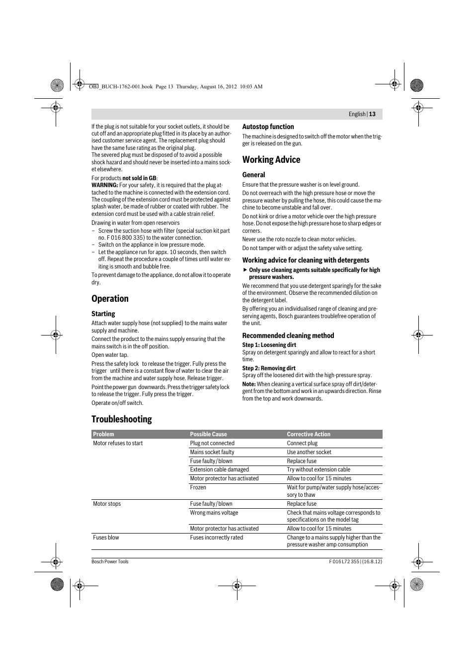 Operation, Working advice, Troubleshooting | Bosch GHP 5-14 User Manual | Page 13 / 198