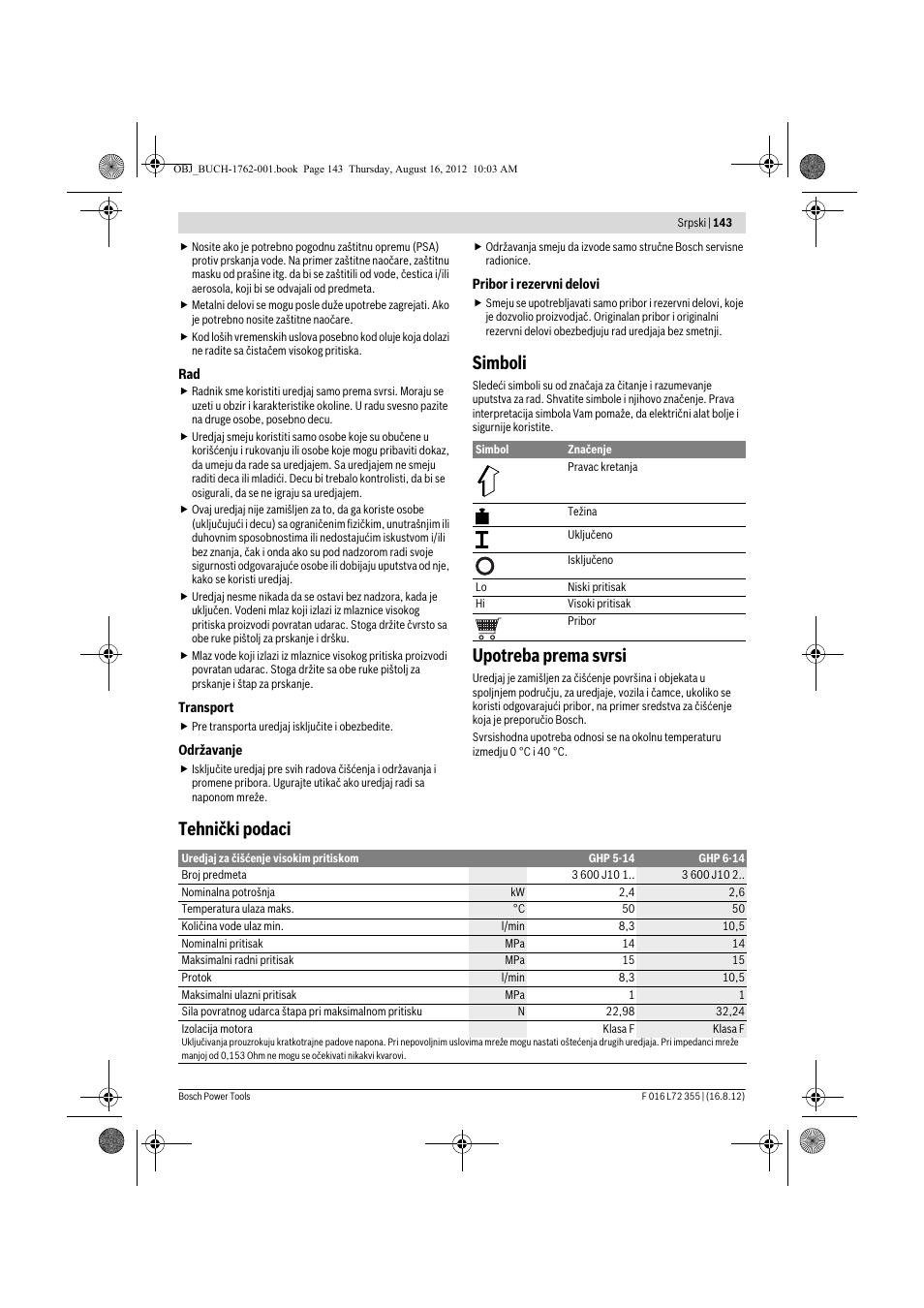Simboli, Upotreba prema svrsi, Tehnički podaci | Bosch GHP 5-14 User Manual | Page 143 / 198